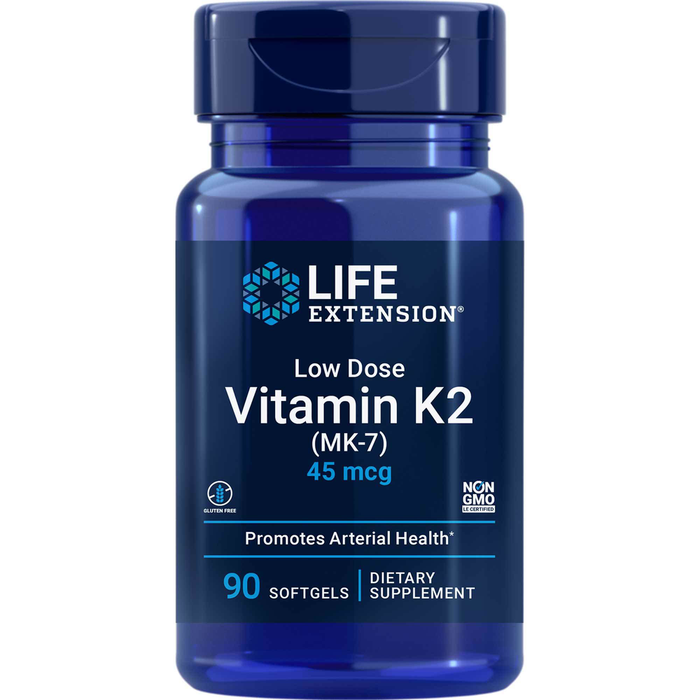 Life Extension Low-Dose Vitamin K2 MK-7 45 mcg, 90 softgels, front of bottle