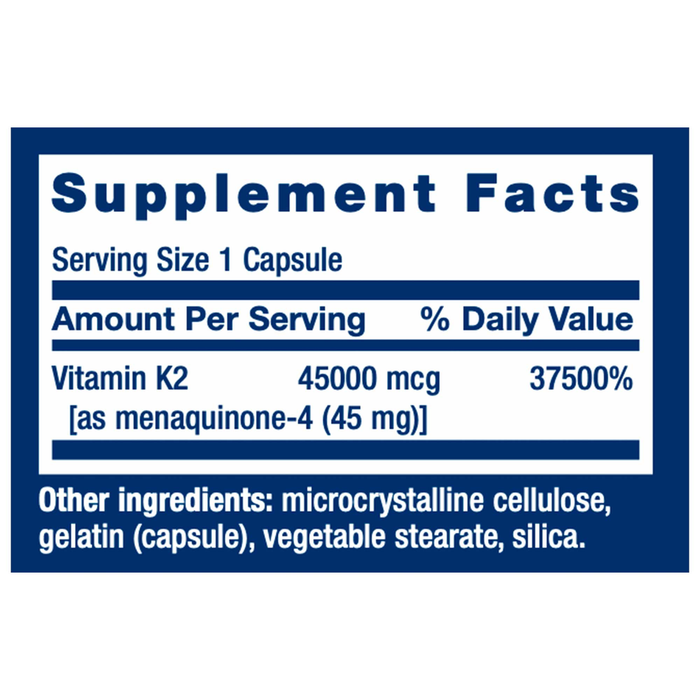 Life Extension Mega Vitamin K2 45 mg 30 capsules supplement facts label