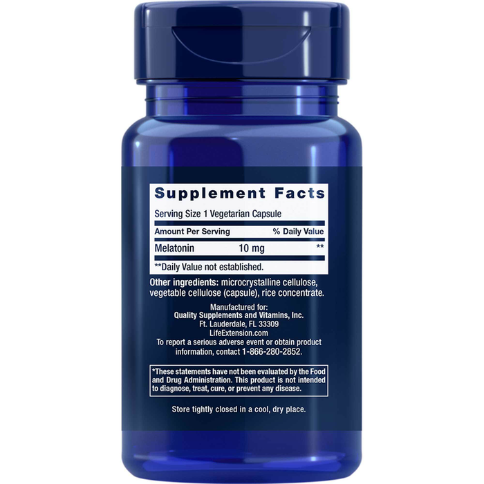 Life Extension Melatonin 10 mg 60 capsules supplement facts label