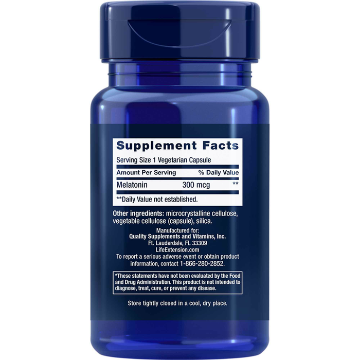 Life Extension Melatonin 300 mcg 100 capsules supplement facts label