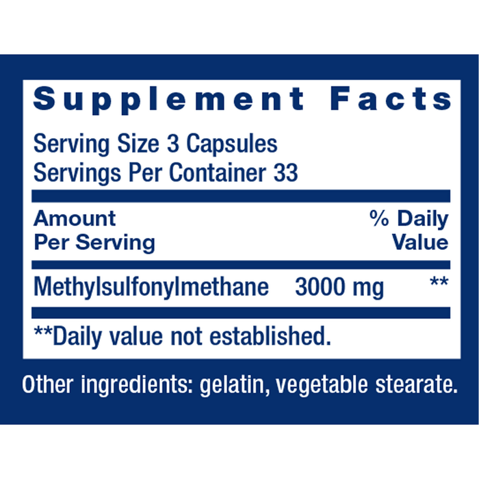 Life Extension MSM 1000 mg 100 capsules supplement facts label