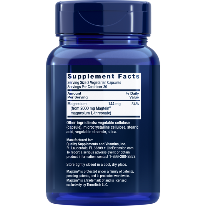 Life Extension Neuro-Mag Magnesium L-Threonate 90 capsules supplement facts label