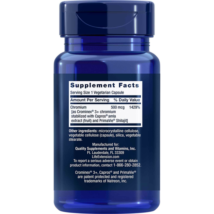 Life Extension Optimized Chromium with Crominex 3+ 500 mcg 60 capsules supplement facts label