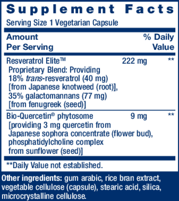 Life Extension Optimized Resveratrol Elite 60 vegetarian capsules supplement facts label