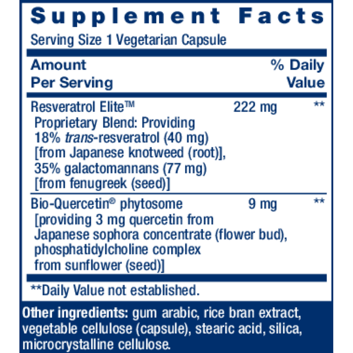 Life Extension Optimized Resveratrol Elite 60 vegetarian capsules supplement facts label