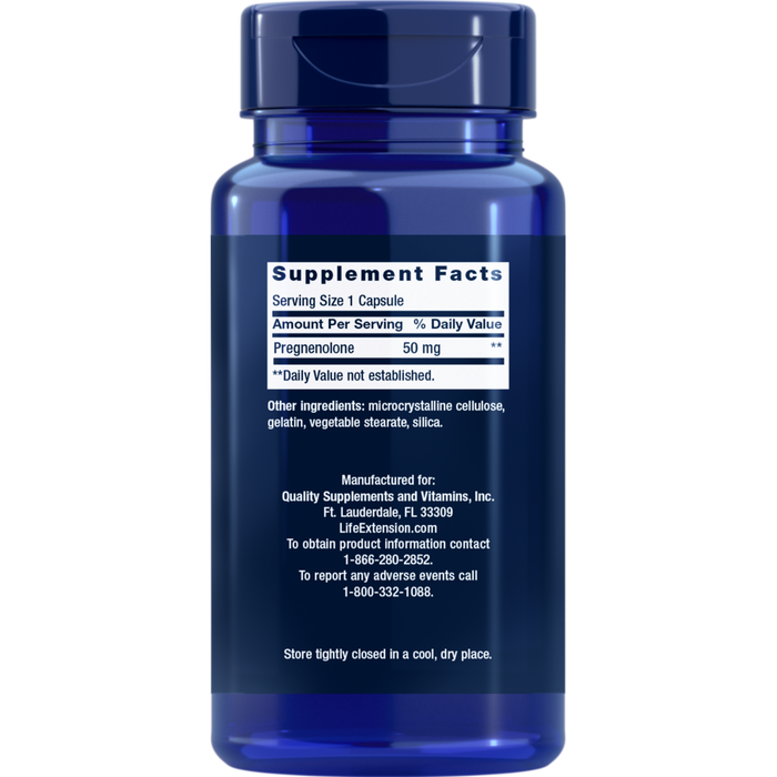 Life Extension Pregnenolone 50 mg 100 capsules supplement facts label
