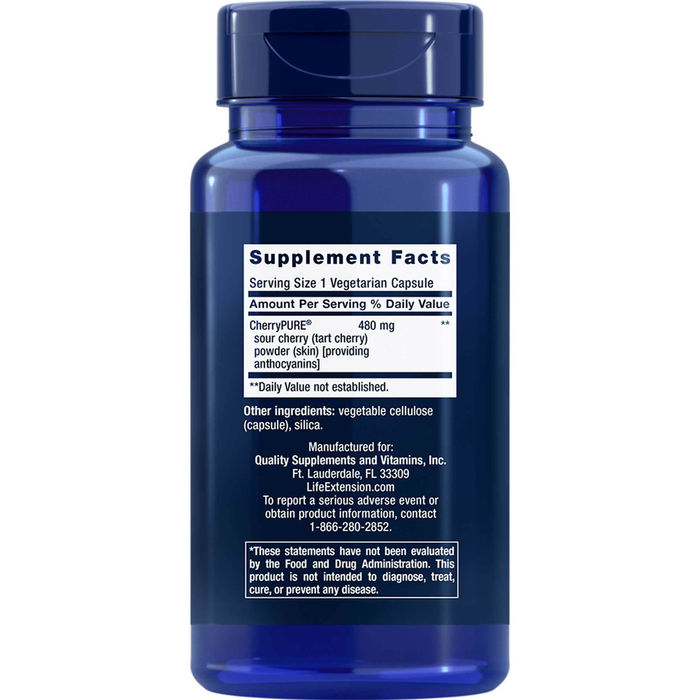 Life Extension Tart Cherry with CherryPure 480 mg 60 capsules supplement facts label