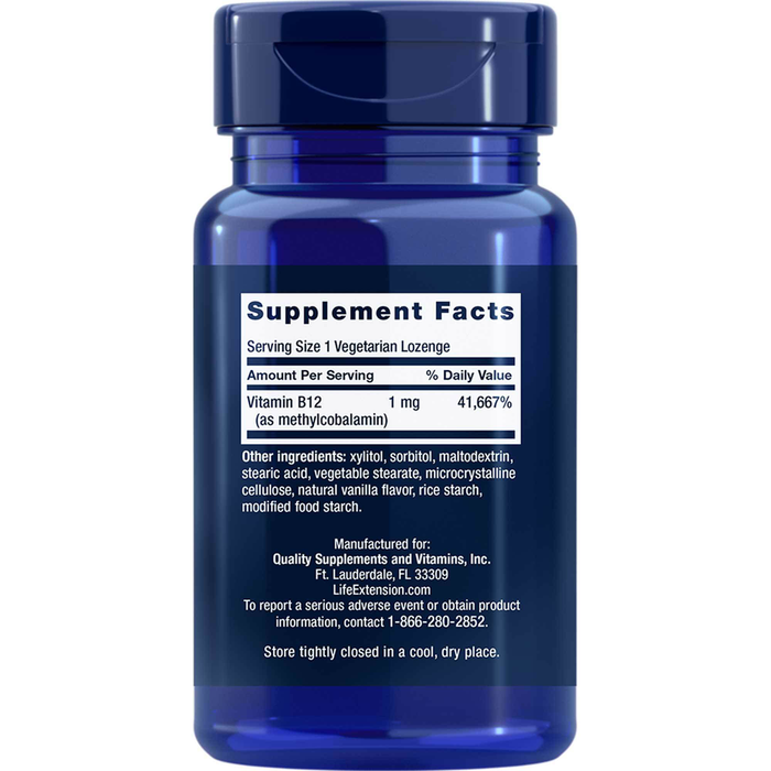 Life Extension Vitamin B12 Methylcobalamin 1 mg 60 lozenges supplement facts label