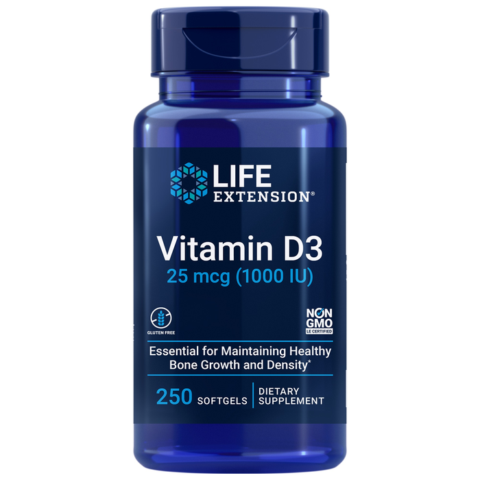 Life Extension Vitamin D3 1000 IU, 250 softgels, front of bottle