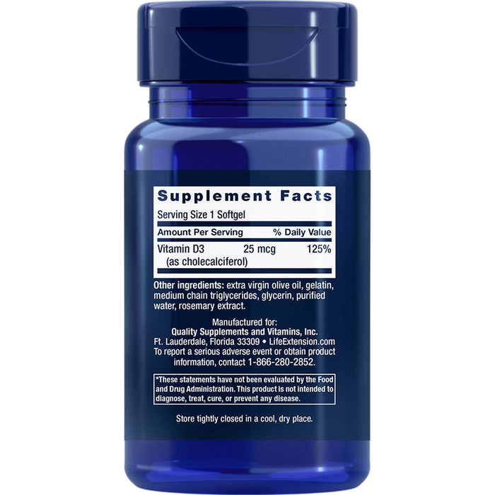 Life Extension Vitamin D3 1000 IU 90 softgels supplement facts label