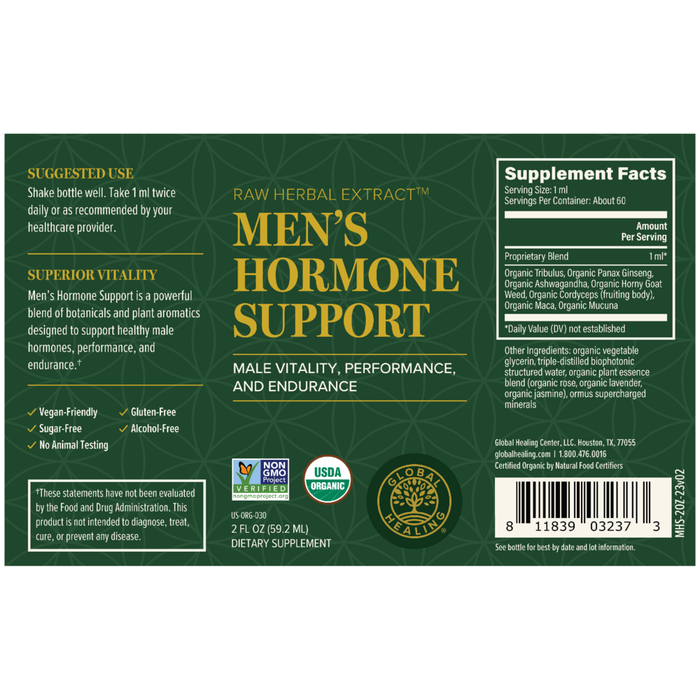 Label for Men's Hormone Support supplement with green background and text.