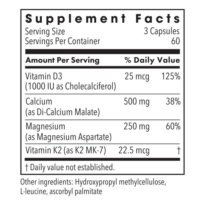Metabolic Maintenance Cal/Mag Plus with Vitamin D & K2 180 capsules supplement facts label