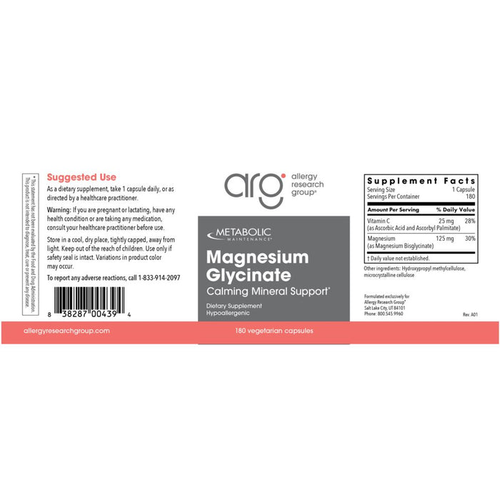 Metabolic Maintenance Magnesium Glycinate 125 mg 180 capsules full label