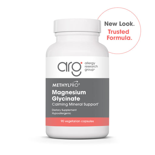 Supplement bottle labeled 'Methylpro Magnesium Glycinate' 90 caps by Allergy Research Group on a white background.