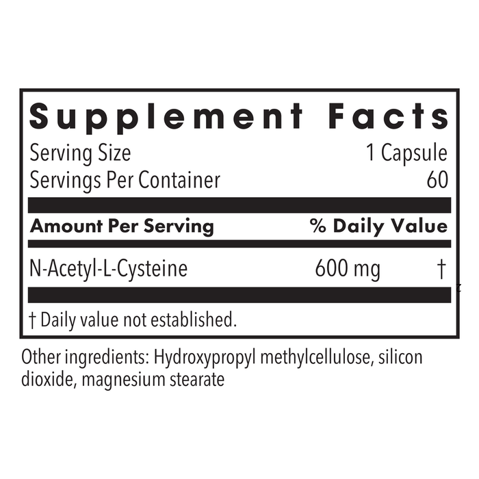 Metabolic Maintenance NAC 600 mg 60 capsules supplement facts label