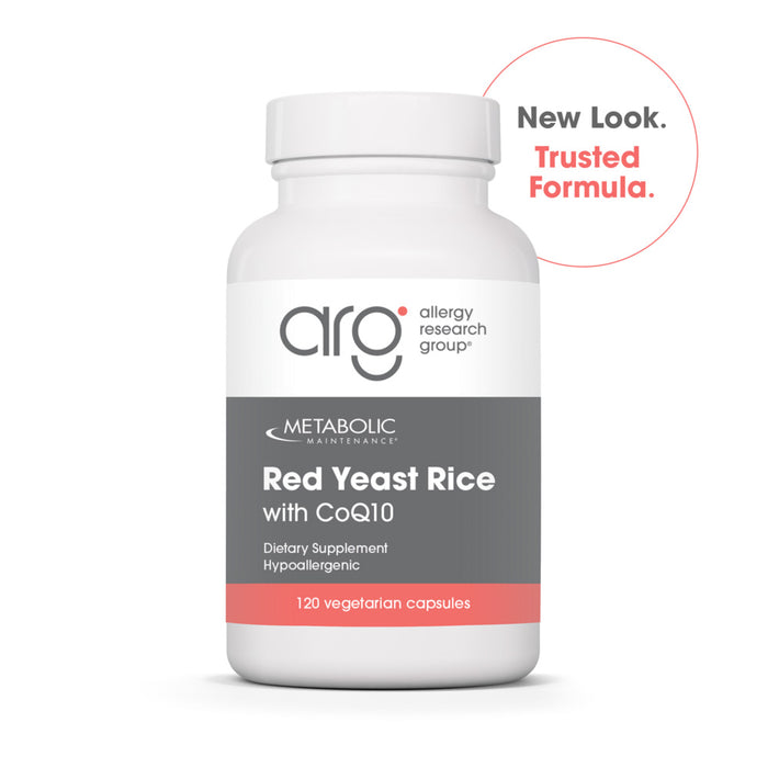 Supplement bottle labeled ' Metabolic Maintenance Red Yeast Rice with CoQ10' by Allergy Research Group on a white background.