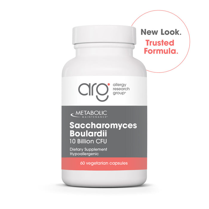 Supplement bottle labeled 'Metabolic Maintenance Saccharomyces Boulardii' by Allergy Research Group on a white background
