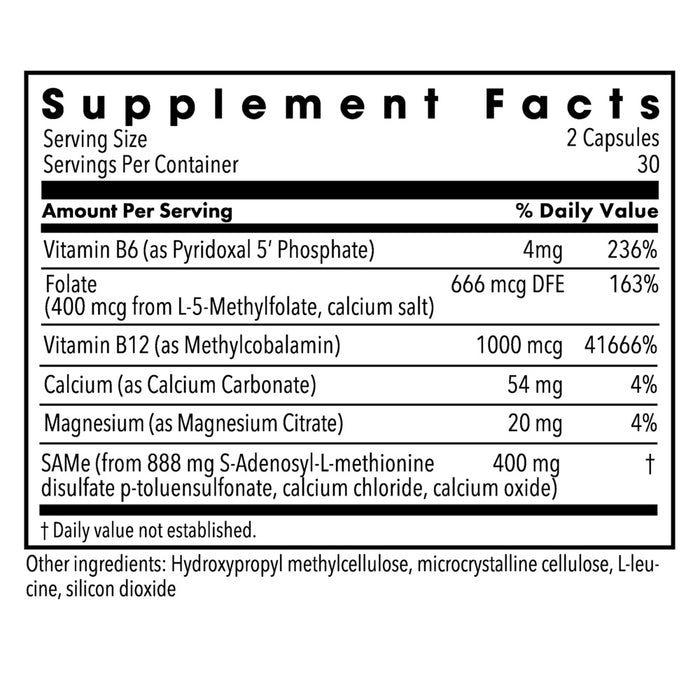 Metabolic Maintenance SAMe + CoFactors 200 mg 60 capsules supplement facts label