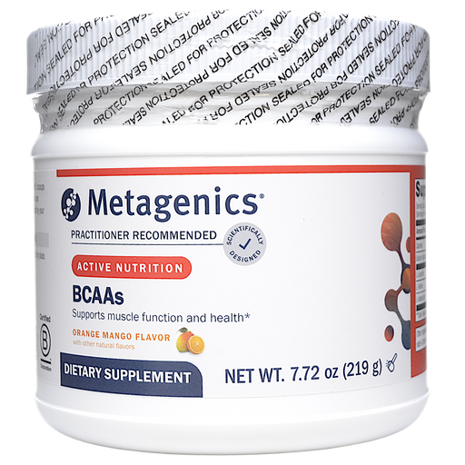 Metagenics BCAAs Orange Mango, 30 servings, front of canister