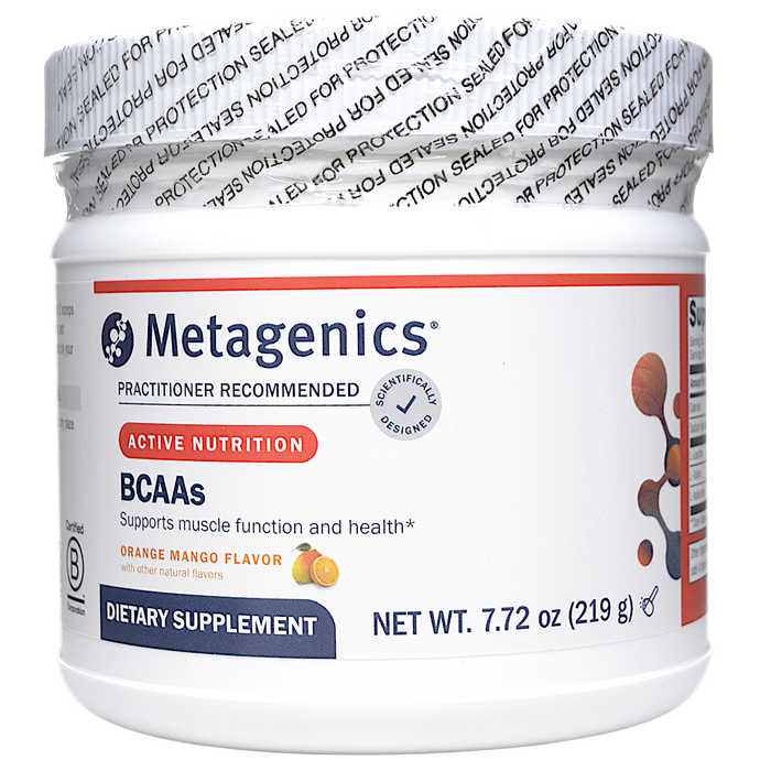 Metagenics BCAAs Orange Mango, 30 servings, front of canister