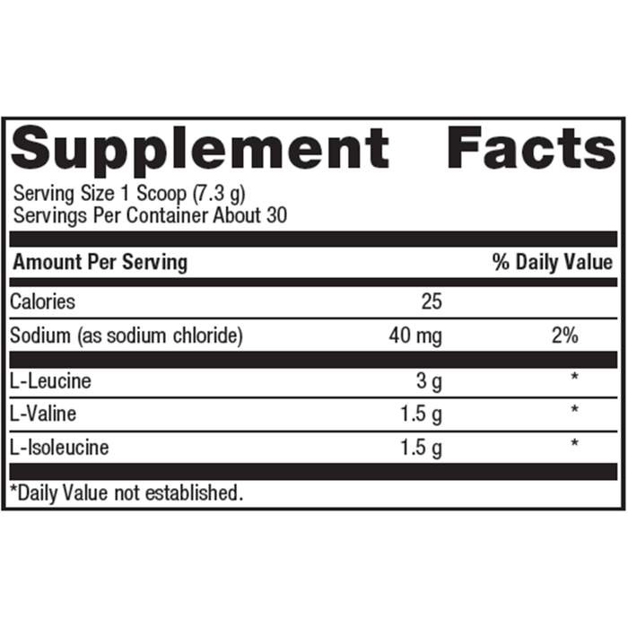 Metagenics BCAAs Orange Mango 30 servings supplement facts panel, close-up