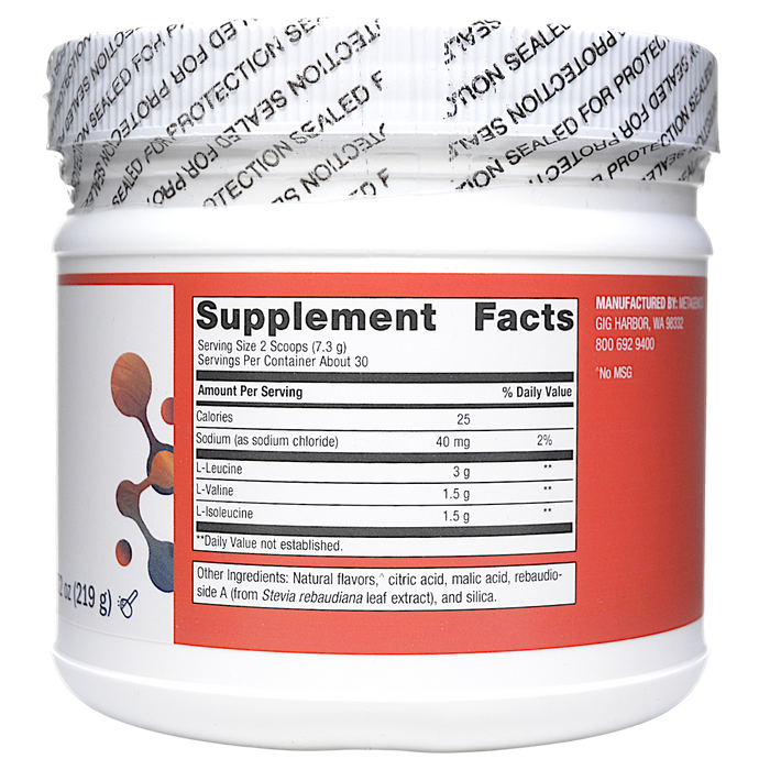 Metagenics BCAAs Orange Mango 30 servings supplement facts label