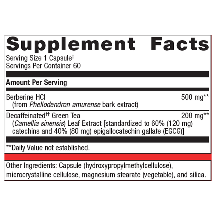 Metagenics Berberine GT 500 mg 60 capsules supplement facts panel, close-up