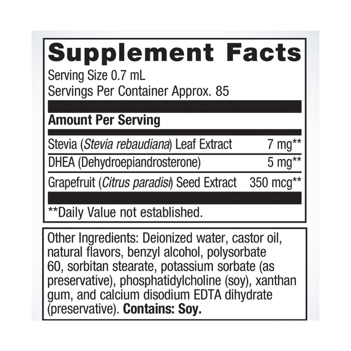 Metagenics BioSom 2 oz supplement facts panel, close-up