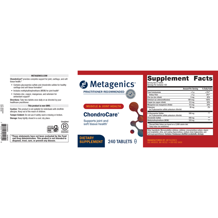 Metagenics ChondroCare 240 tablets full label panel