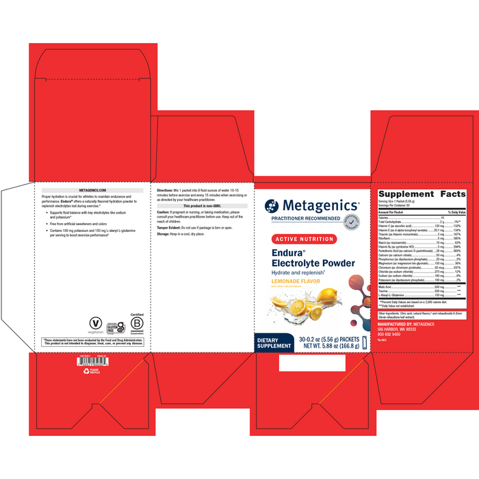 Metagenics Endura Electrolyte Powder Lemonade, 30 packets, box side panel