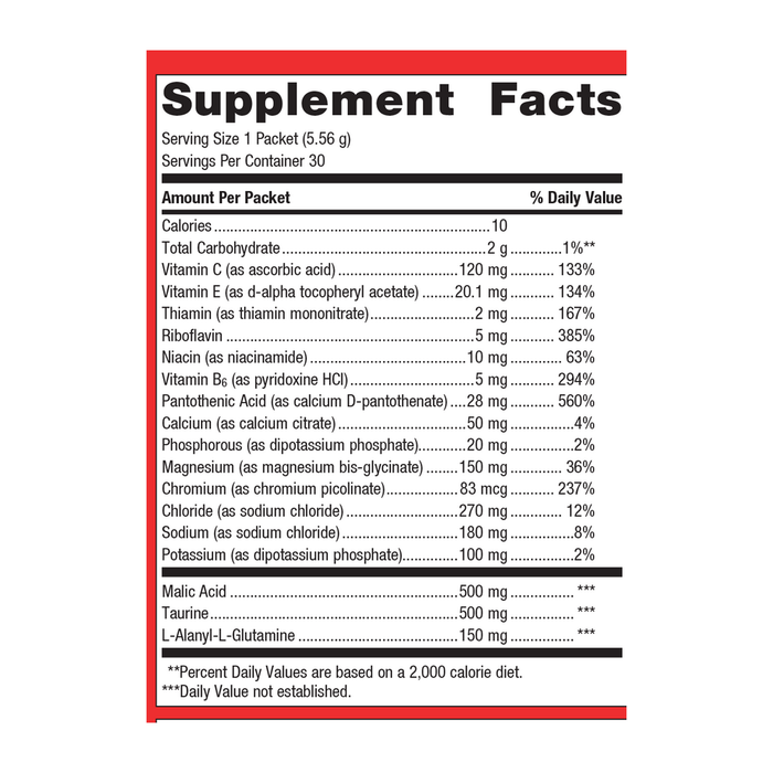 Metagenics Endura Electrolyte Powder Lemonade 30 packets supplement facts label
