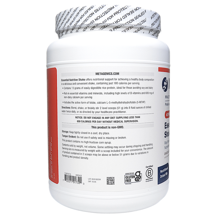 Metagenics Essential Nutrition Shake Chocolate 14 servings directions label