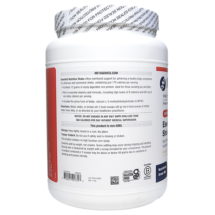 Metagenics Essential Nutrition Shake Vanilla 14 servings directions label