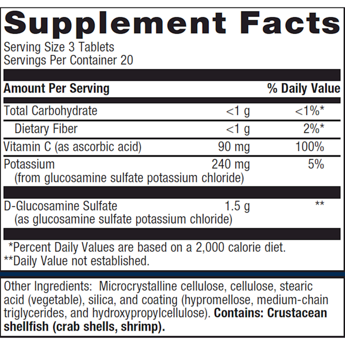 Metagenics Glucosamine Sulfate 750 mg 60 tablets supplement facts label