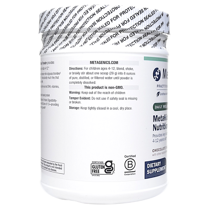 Metagenics MetaKids Nutrition Powder Chocolate 14 servings directions label