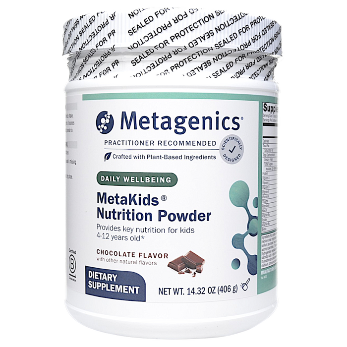 Metagenics MetaKids Nutrition Powder Chocolate, 14 servings, front of canister
