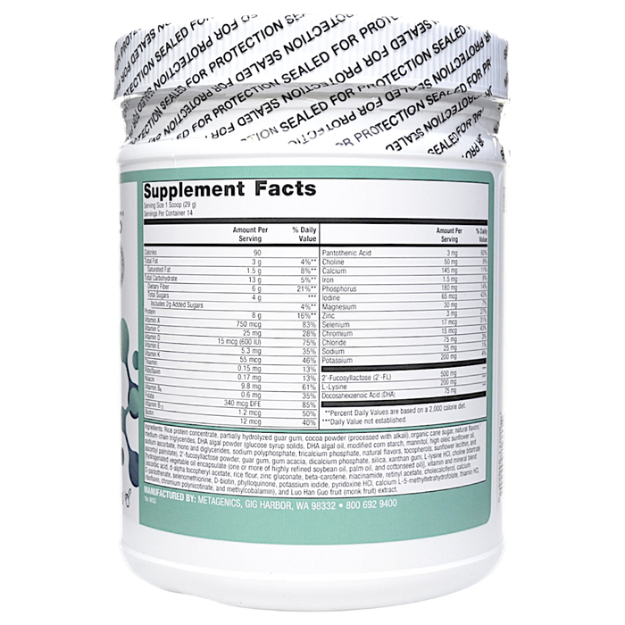 Metagenics MetaKids Nutrition Powder Chocolate 14 servings supplement facts label