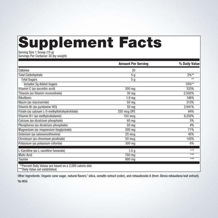 Metagenics MitoVive Orange 30 servings supplement facts panel, close-up