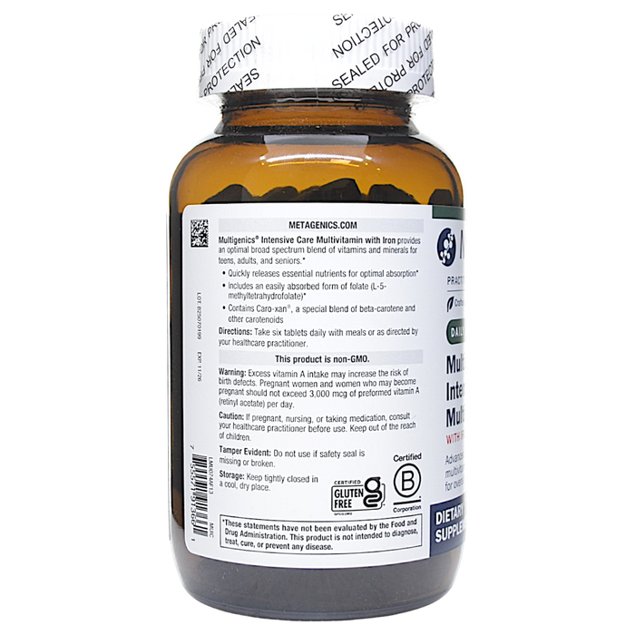 Metagenics Multigenics Intensive Care with Iron 180 tablets directions label
