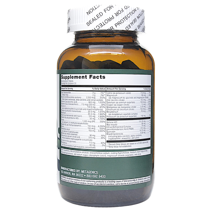 Metagenics Multigenics Intensive Care with Iron 180 tablets supplement facts label