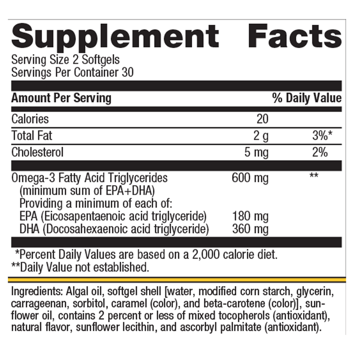 Metagenics OmegaGenics Algae Omega-3s 300 mg 60 softgels supplement facts label