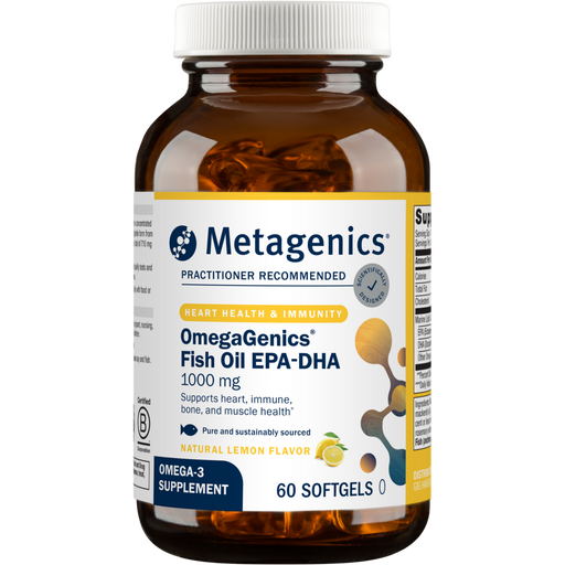 Metagenics OmegaGenics Fish Oil EPA-DHA 1000 mg, 60 softgels, front of bottle