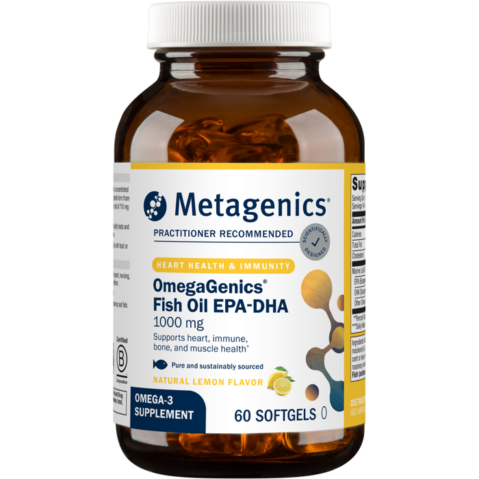 Metagenics OmegaGenics Fish Oil EPA-DHA 1000 mg, 60 softgels, front of bottle