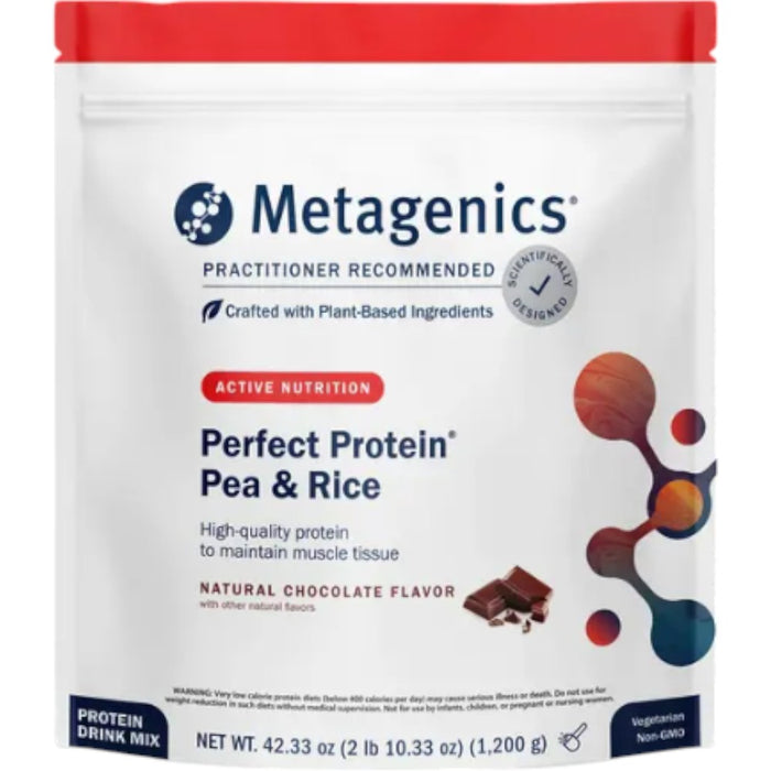Metagenics Perfect Protein Pea & Rice Chocolate, 30 servings, front of pouch