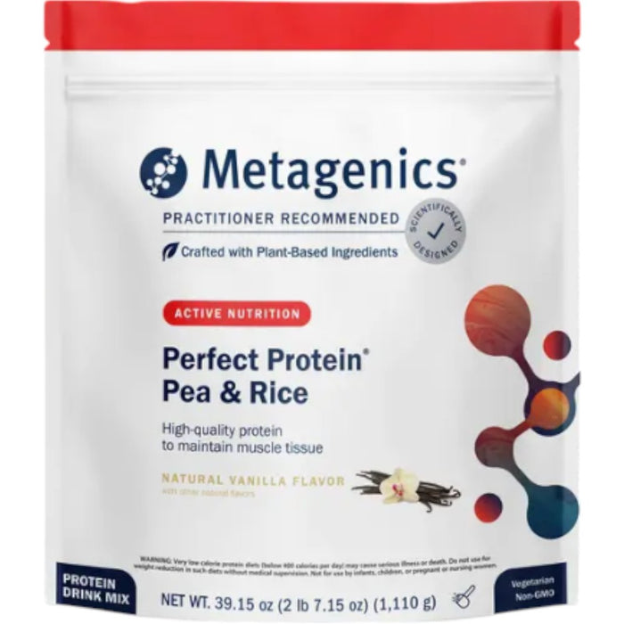 Metagenics Perfect Protein Pea & Rice Vanilla, 30 servings, front of pouch