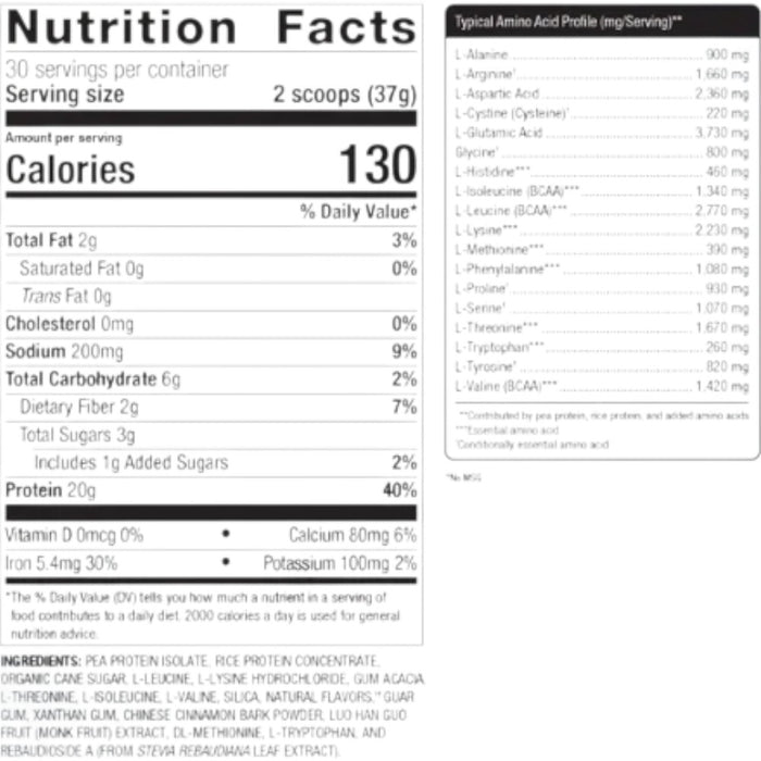 Metagenics Perfect Protein Pea & Rice Vanilla 30 servings nutrition facts label