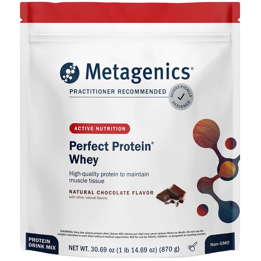 Metagenics Perfect Protein Whey Chocolate, 30 servings, front of pouch