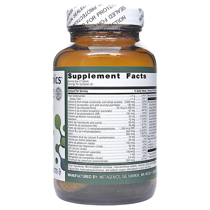 Metagenics PhytoMulti Multivitamin 60 tablets supplement facts label