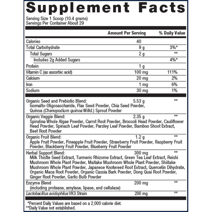 Metagenics PhytoMulti Superfoods Tropical Fruit 29 servings supplement facts label