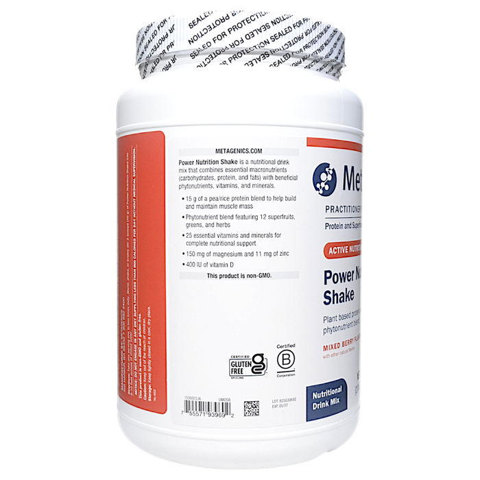 Metagenics Power Nutrition Shake Mixed Berry 14 servings directions label